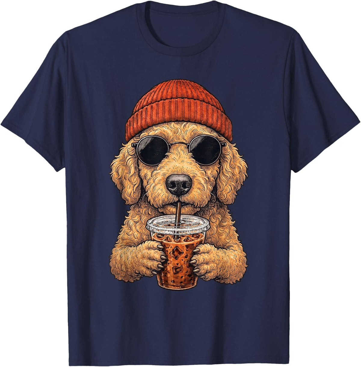 Cool Goldendoodle Hipster Dog Drinking Iced Coffee Beanie T-Shirt - Navy Blue