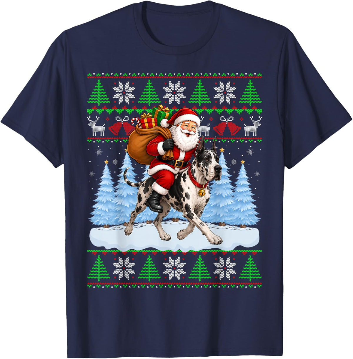 Ugly Xmas Funny Santa Riding Great Dane Dog Christmas T-Shirt - Navy Blue