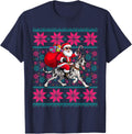 Ugly Christmas Women Girls Santa Riding Great Dane Dog Xmas T-Shirt - Navy Blue