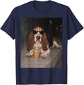 Funny Basset Hound Drinking Iced Coffee Sunglasses Dog T-Shirt - Navy Blue
