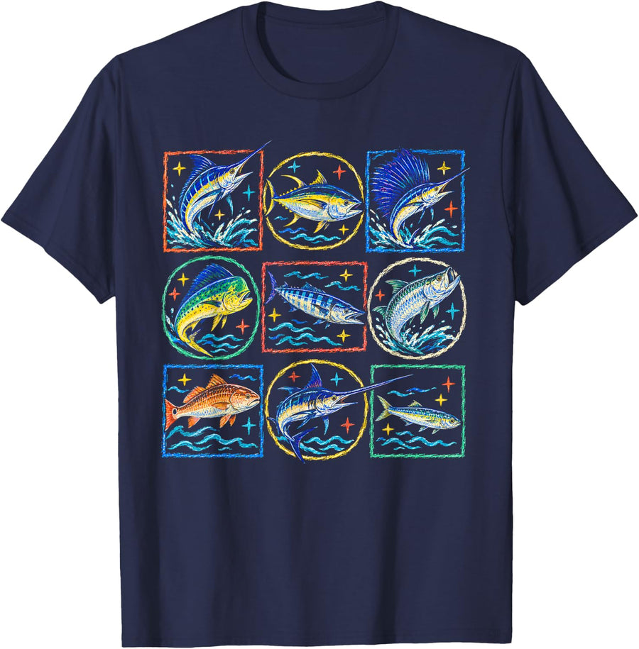 Crayon Style Saltwater Game Fish Collection Angler T-Shirt - Navy Blue