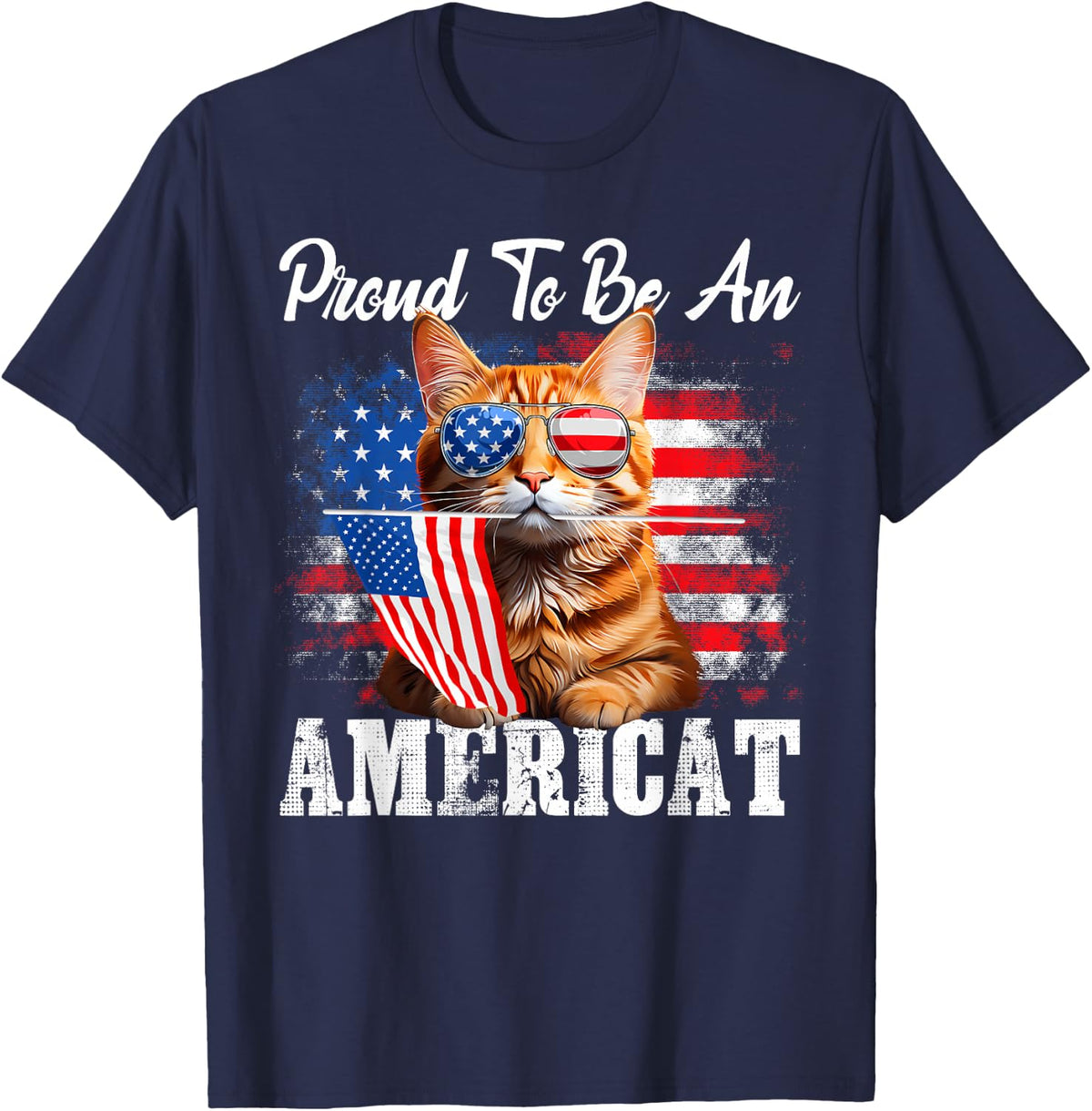 Proud To Be An Americat Orange Cat American Flag 4th Of July T-Shirt - Navy Blue