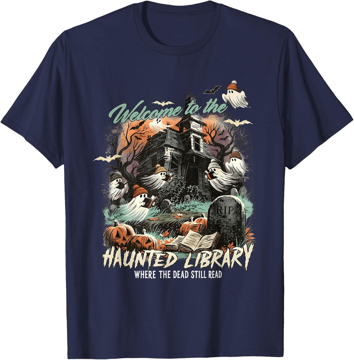 Welcome to the Haunted Library Where the Dead Still Read T-Shirt - Navy Blue