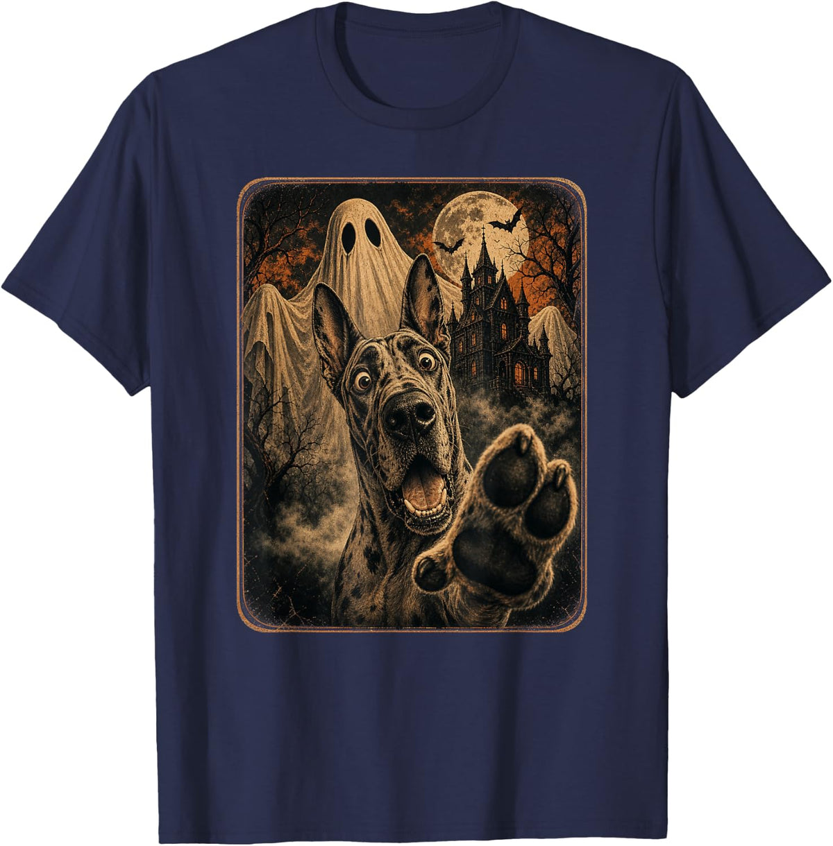 Halloween Great Dane Ghost Haunted Mansion T-Shirt - Navy Blue
