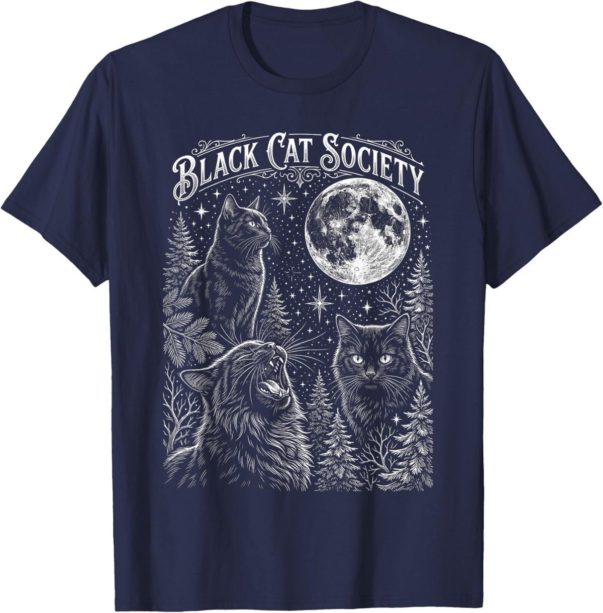 Black Cat Society Moon Forest Feline T-Shirt - Navy Blue