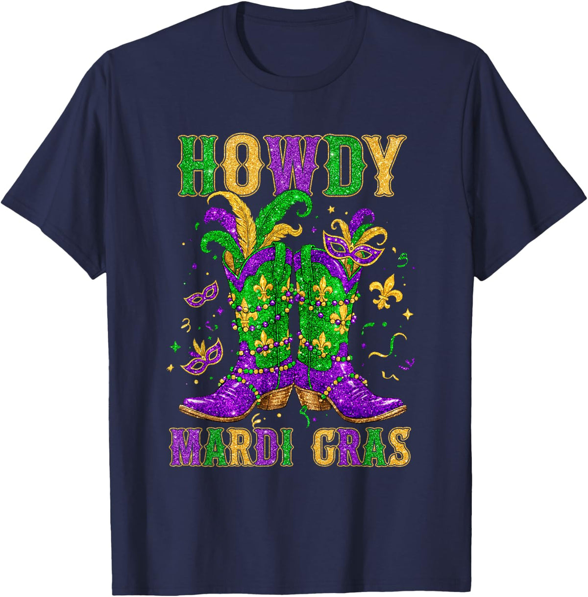 Funny Western Howdy Mardi Gras Boots Jester Beads Mask Women T-Shirt - Navy Blue