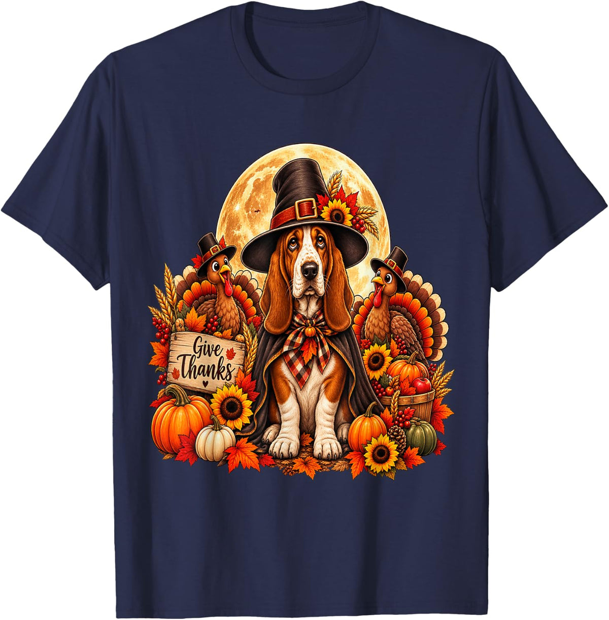 Gifts Fall Basset Hound Pilgrim Dog Thanksgiving T-Shirt - Navy Blue