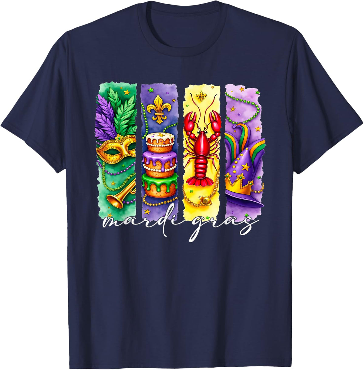 Mardi Gras Fleur De Lis Mask King Cake Crawfish Men Women T-Shirt - Navy Blue