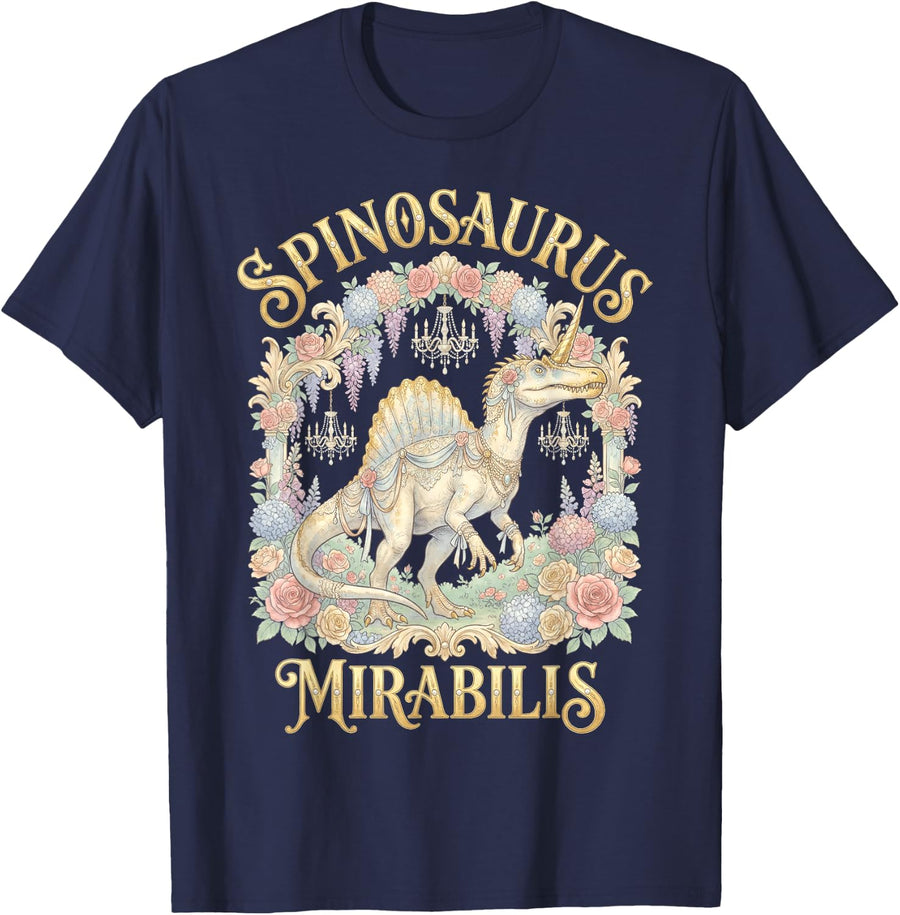 Spinosaurus Mirabilis Coquette Floral Pastel Dinosaur T-Shirt - Navy Blue