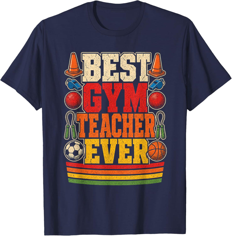 Gym Teacher PE Physical Education Coach Retro Gift T-Shirt - Navy Blue