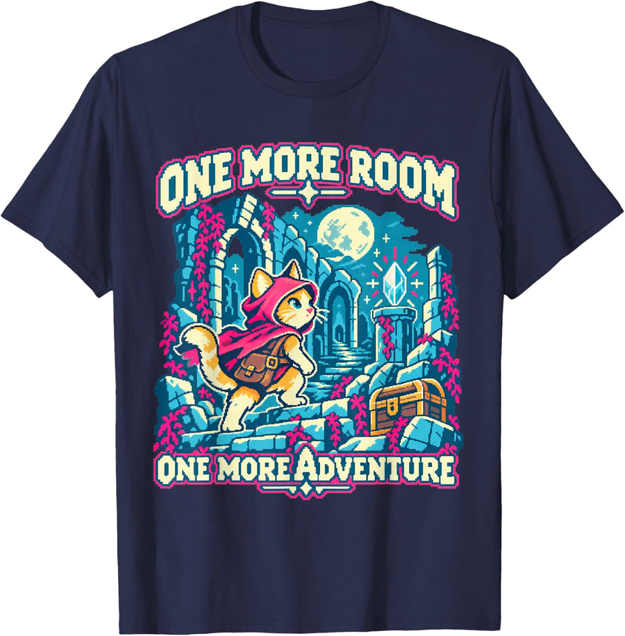 Pixel Art Cat Adventurer in Moonlit Ruins T-Shirt - Navy Blue