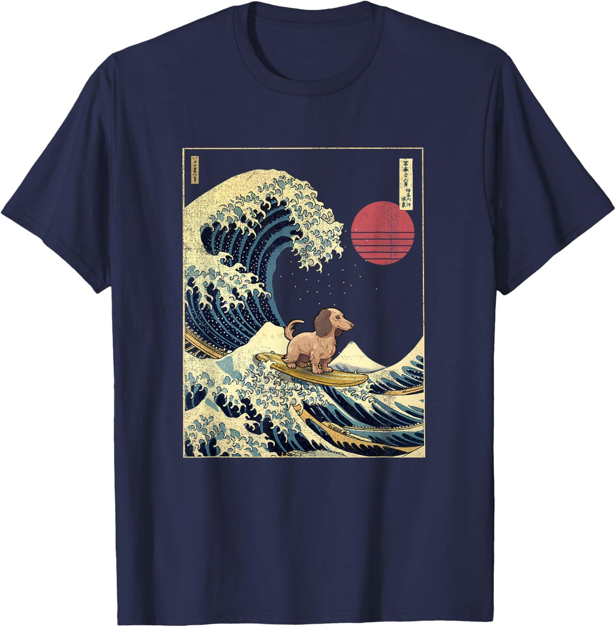 Long Haired Dachshund Japanese Kanagawa Wave Funny Surf Dog T-Shirt - Navy Blue