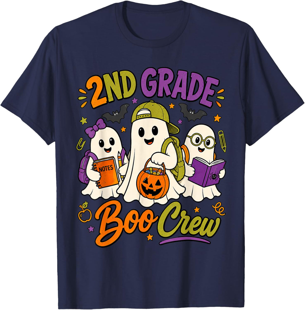 2nd Grade Boo Crew Ghost Halloween Teacher Boys Girls Kids T-Shirt - Navy Blue
