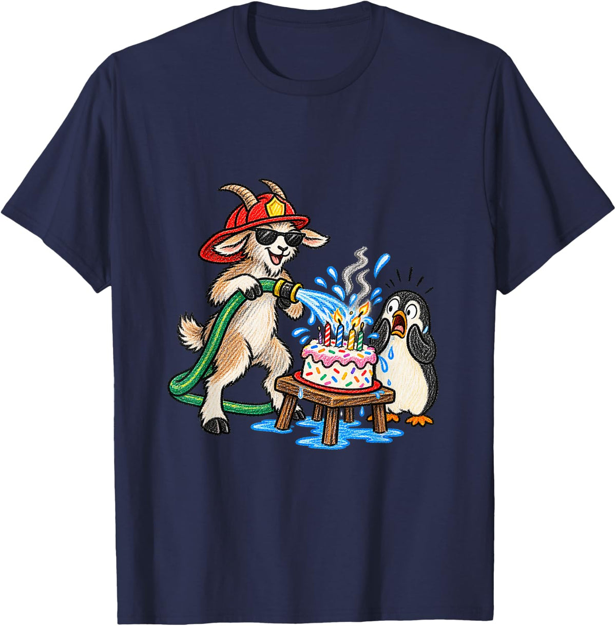 Goat Penguin Firefighter Funny Animal Meme T-Shirt - Navy Blue