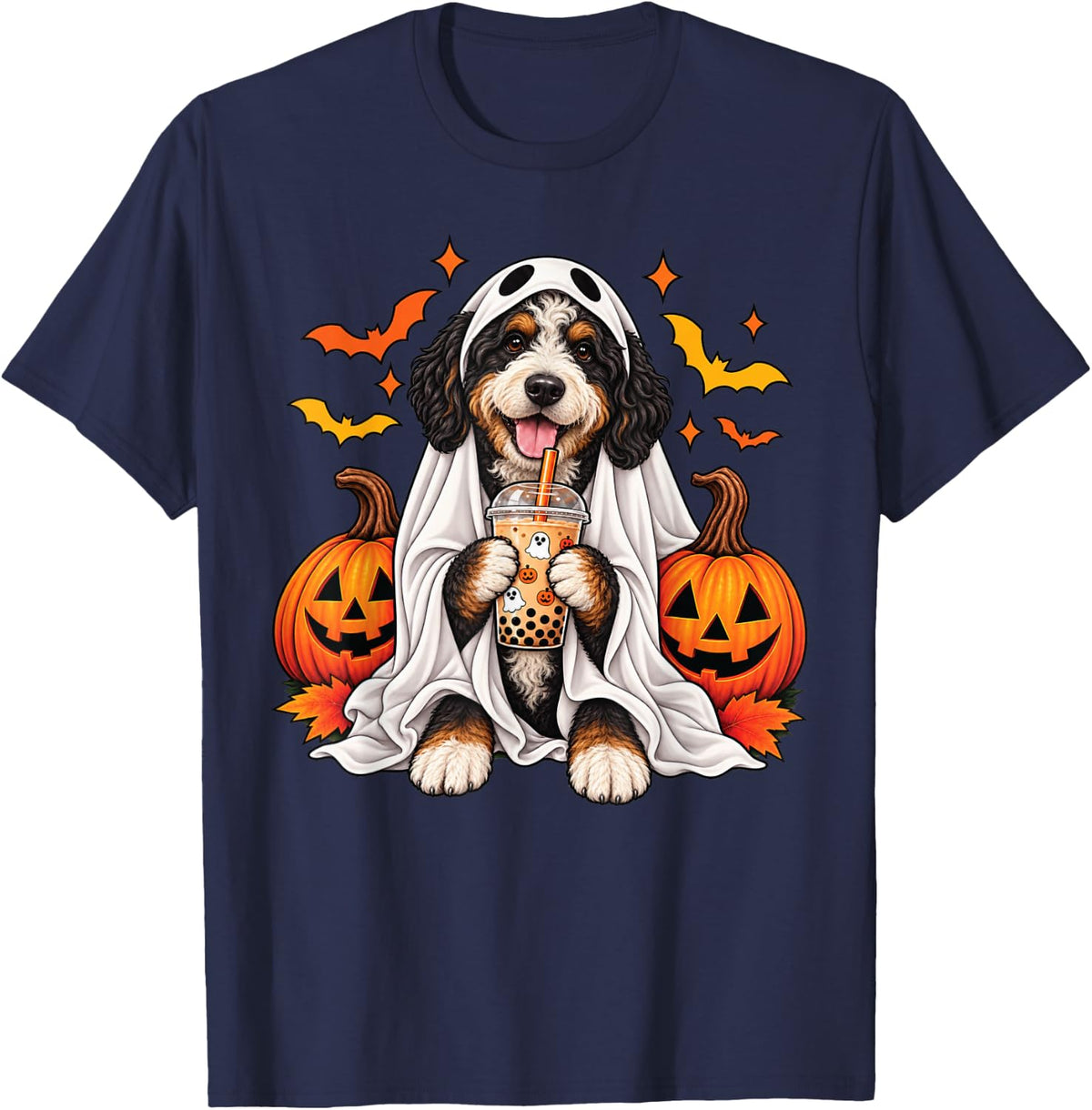 Cute Bernedoodle Dog Ghost Boba Halloween Pumpkin Bubble Tea T-Shirt - Navy Blue