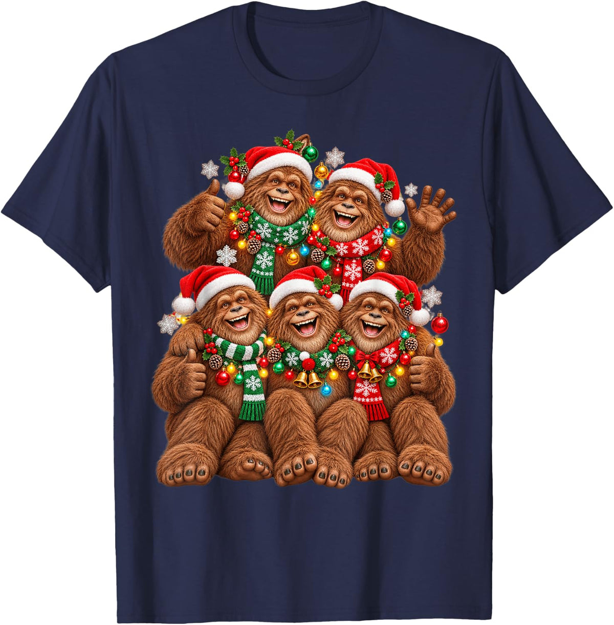 Christmas Lights Sasquatch Santa Funny Xmas Trees T-Shirt - Navy Blue