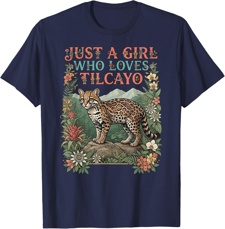 Girl Who Loves Cat Lover Wildlife Leopardus Tilcayo Cat T-Shirt - Navy Blue