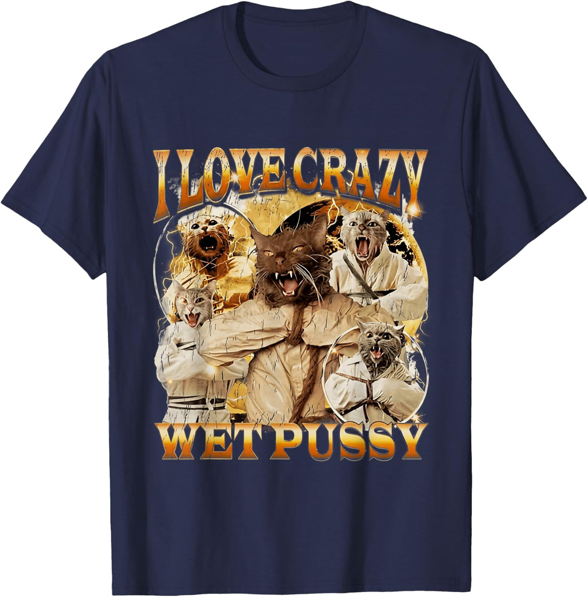 Crazy Wet Cat Funny Meme for Cat Lovers T-Shirt - Navy Blue