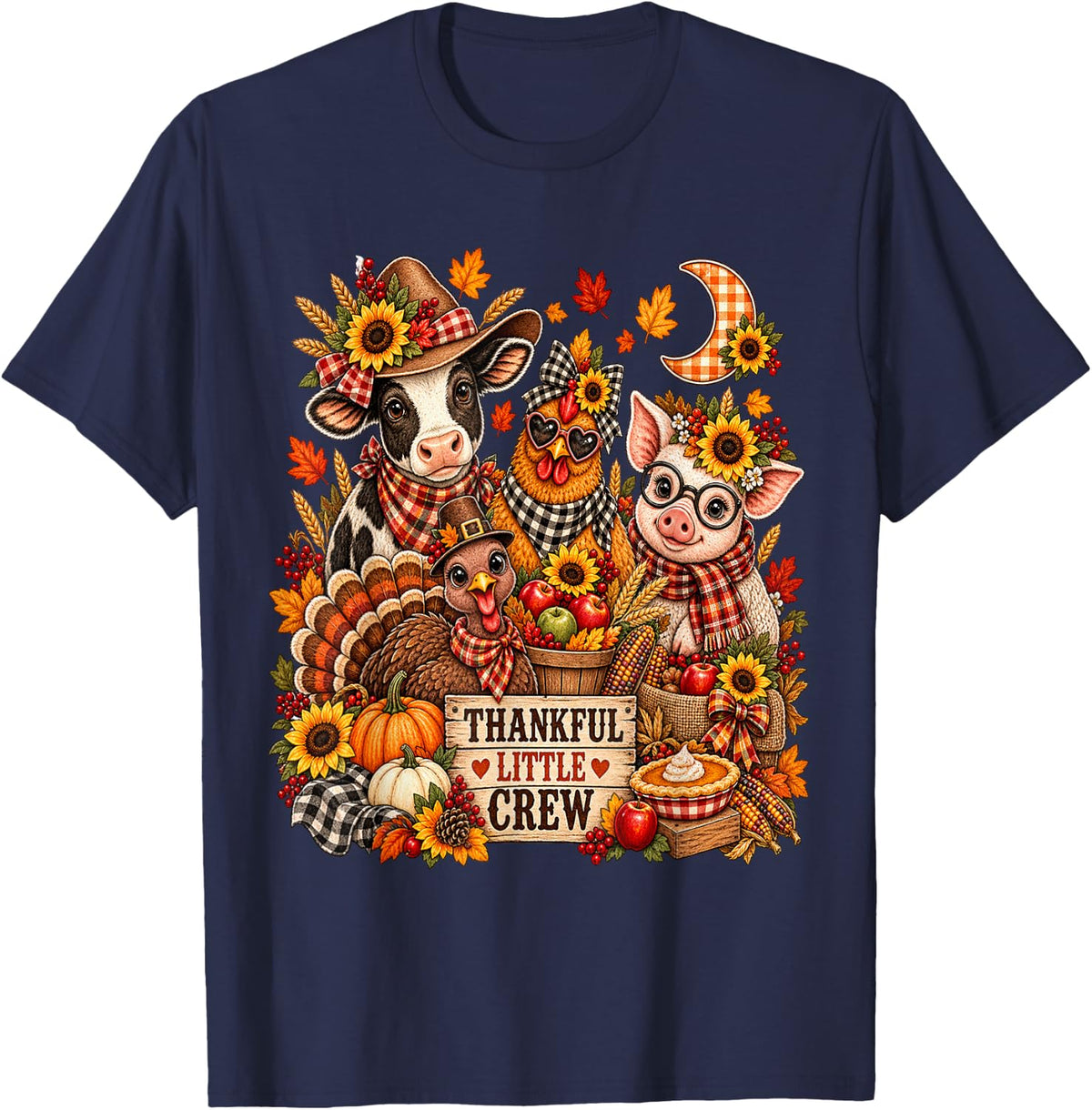 Thankful Little Crew Farm Animals Cow Pig Kids Thanksgiving T-Shirt - Navy Blue