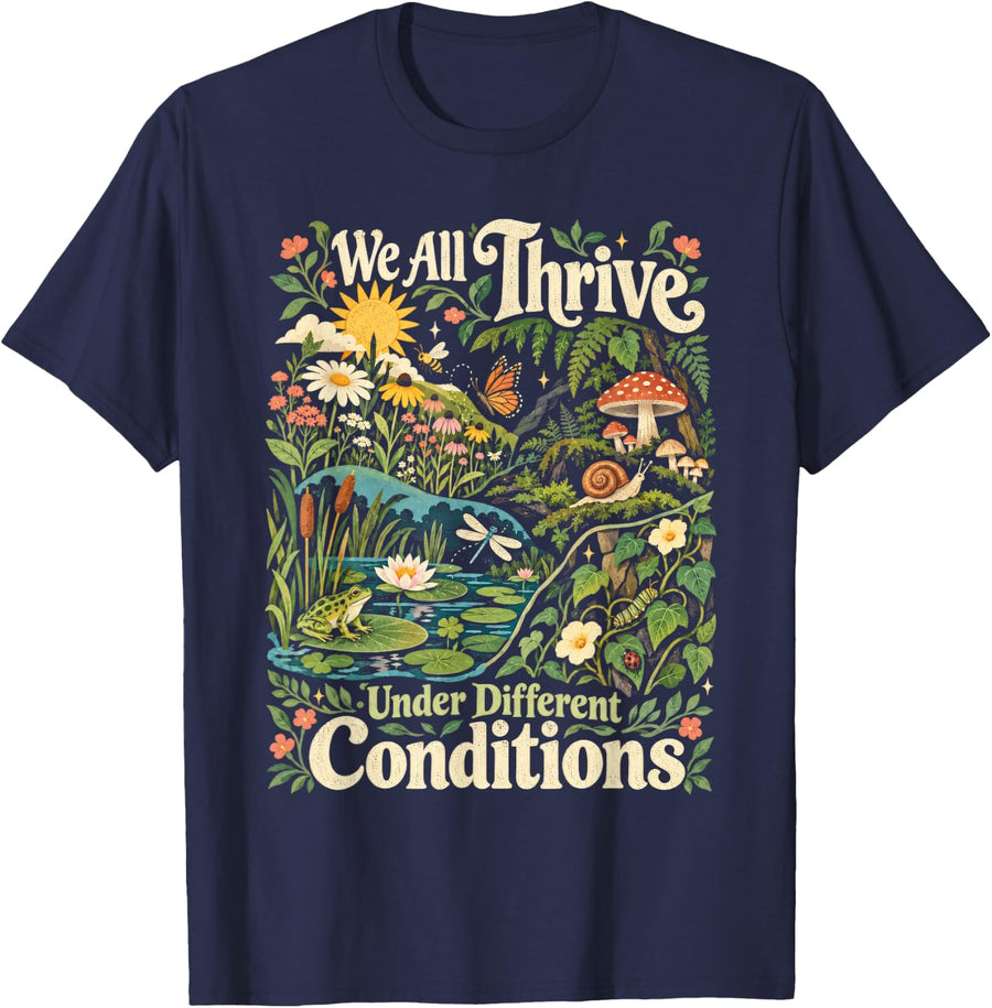 We All Thrive Under Different Conditions Botanical Autism T-Shirt - Navy Blue