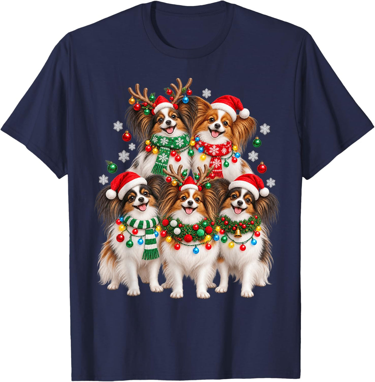 Christmas Lights Papillon Santa Funny Xmas Trees T-Shirt - Navy Blue