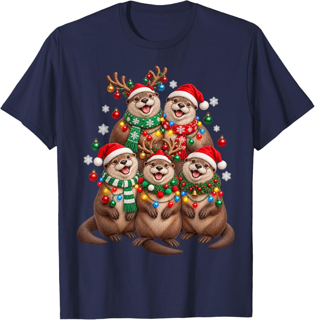 Christmas Lights Otter Santa Funny Xmas Trees T-Shirt - Navy Blue