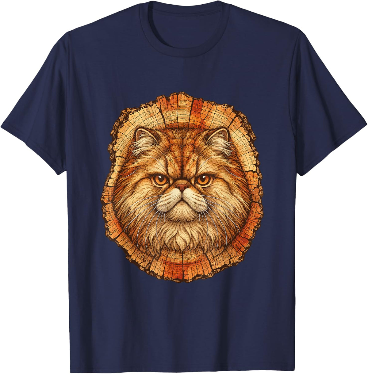 Rustic Persian Cat with Tree Rings Autumn Feline Animal Art T-Shirt - Navy Blue