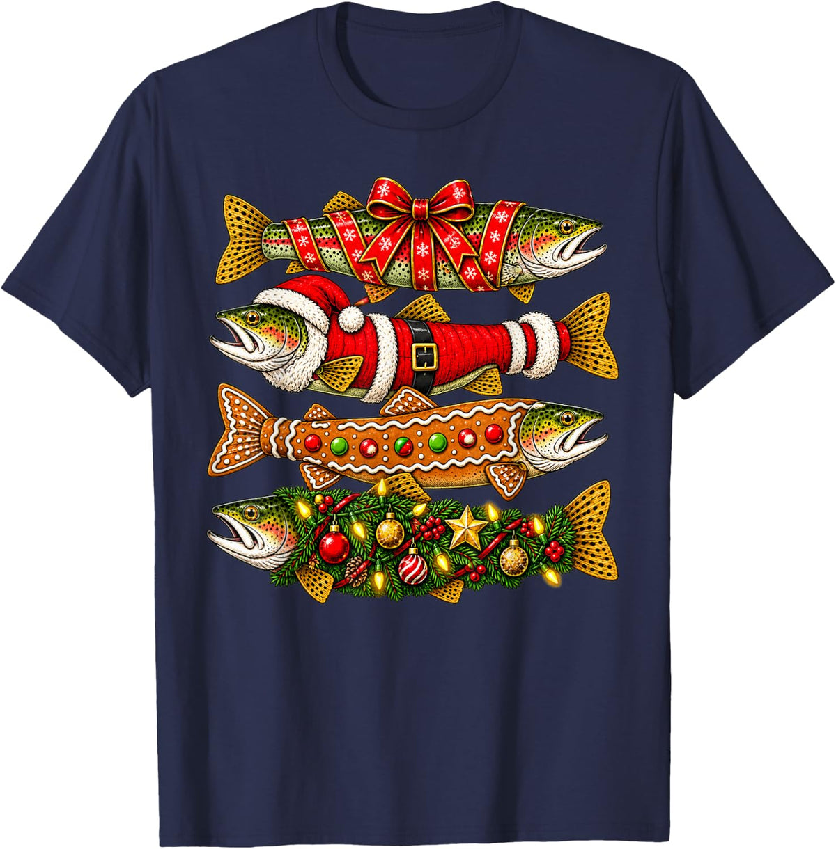 Christmas Trout Fishing Vintage Angler Holiday Fish T-Shirt - Navy Blue