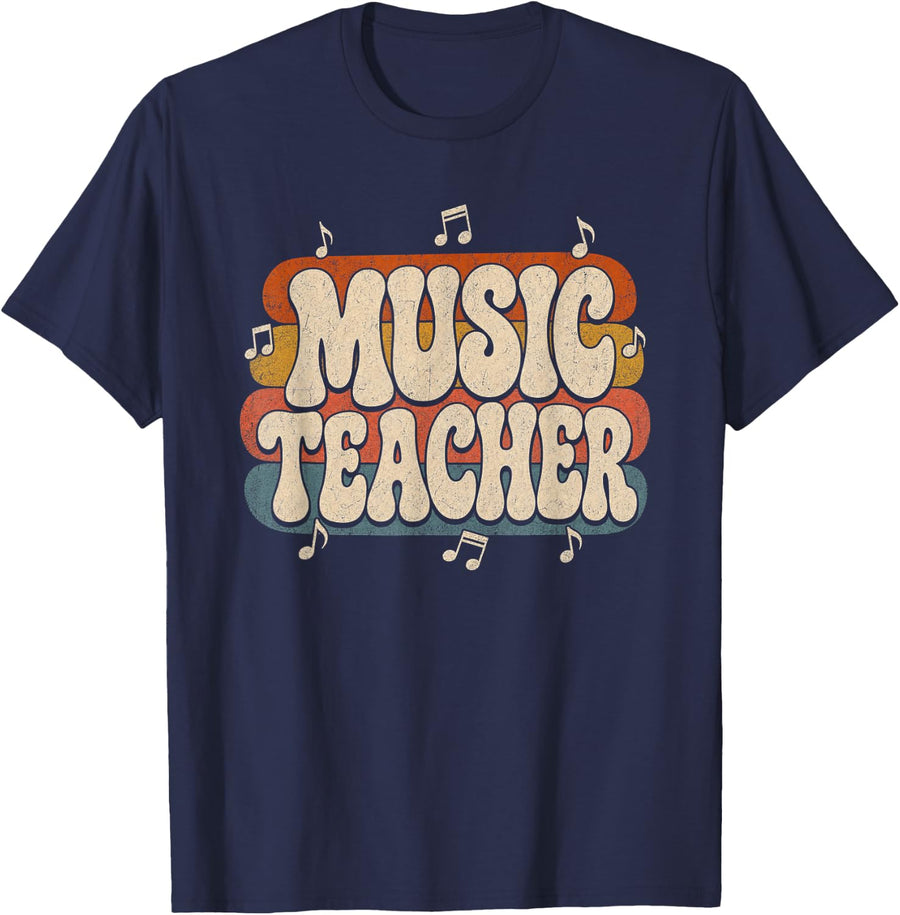 Music Teacher Retro Music Notes T-Shirt - Navy Blue