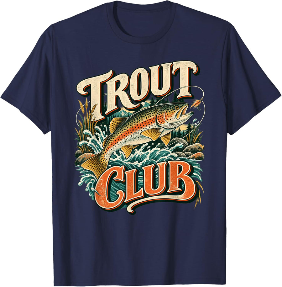 Trout Club Vintage Fishing Fly Angler T-Shirt - Navy Blue