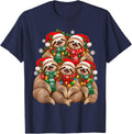 Christmas Lights Sloth Santa Funny Xmas Trees T-Shirt - Navy Blue