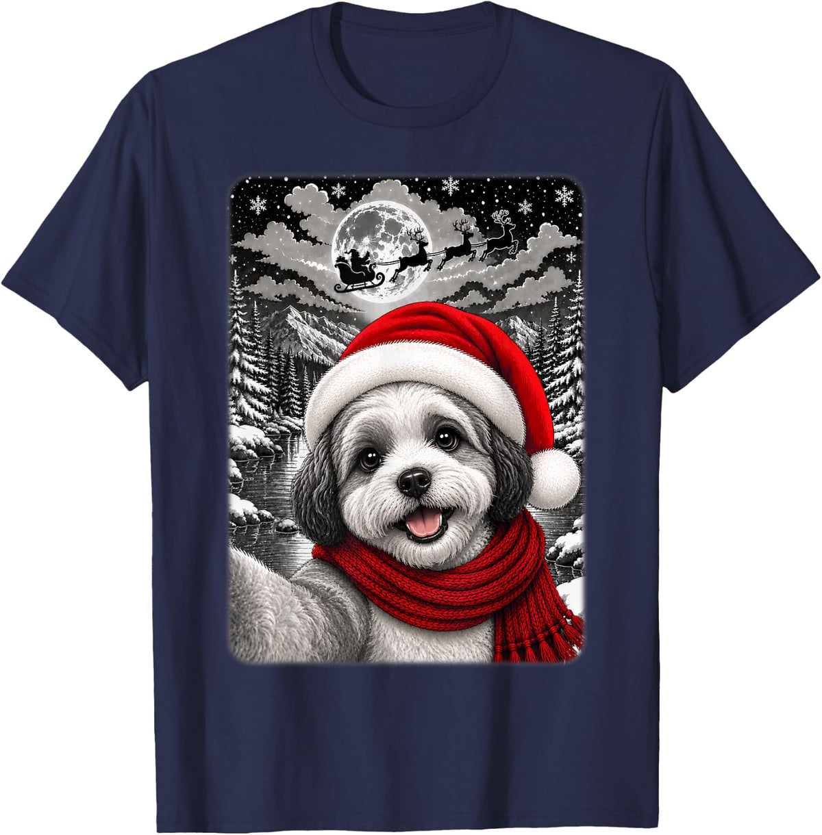 Havanese Dog Christmas Selfie Moon Night Starry Sky Xmas T-Shirt - Navy Blue