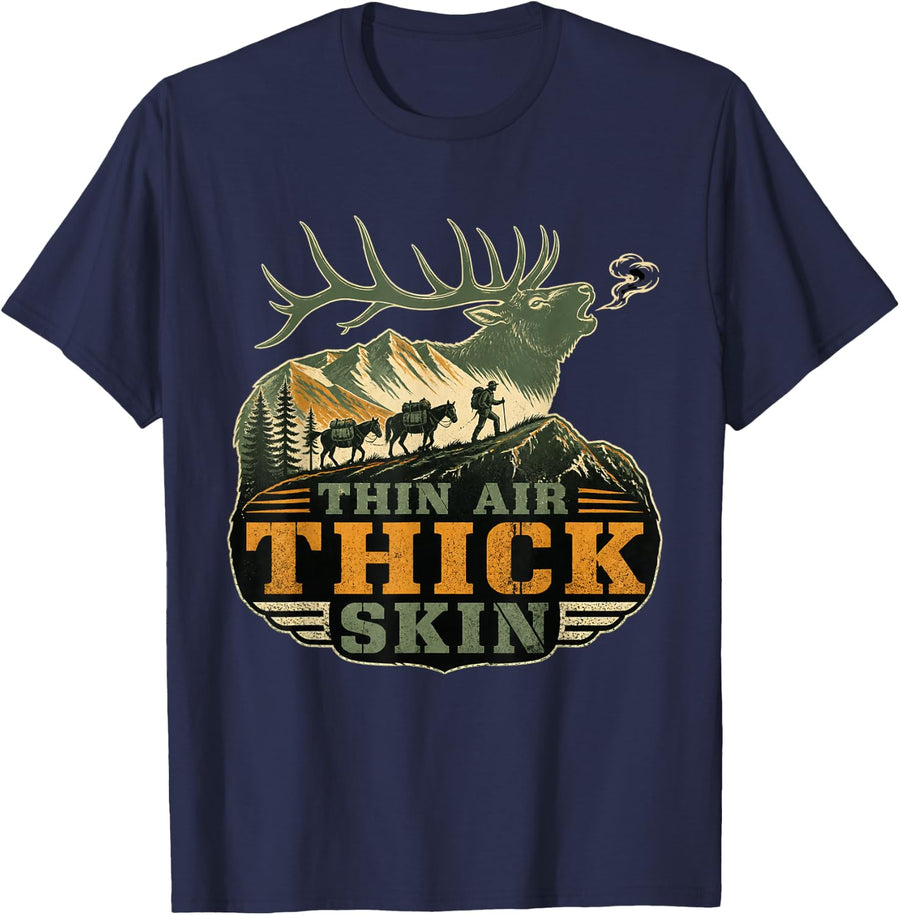 Thin Air Thick Skin Elk Hunting Backcountry Elk Hunter T-Shirt - Navy Blue