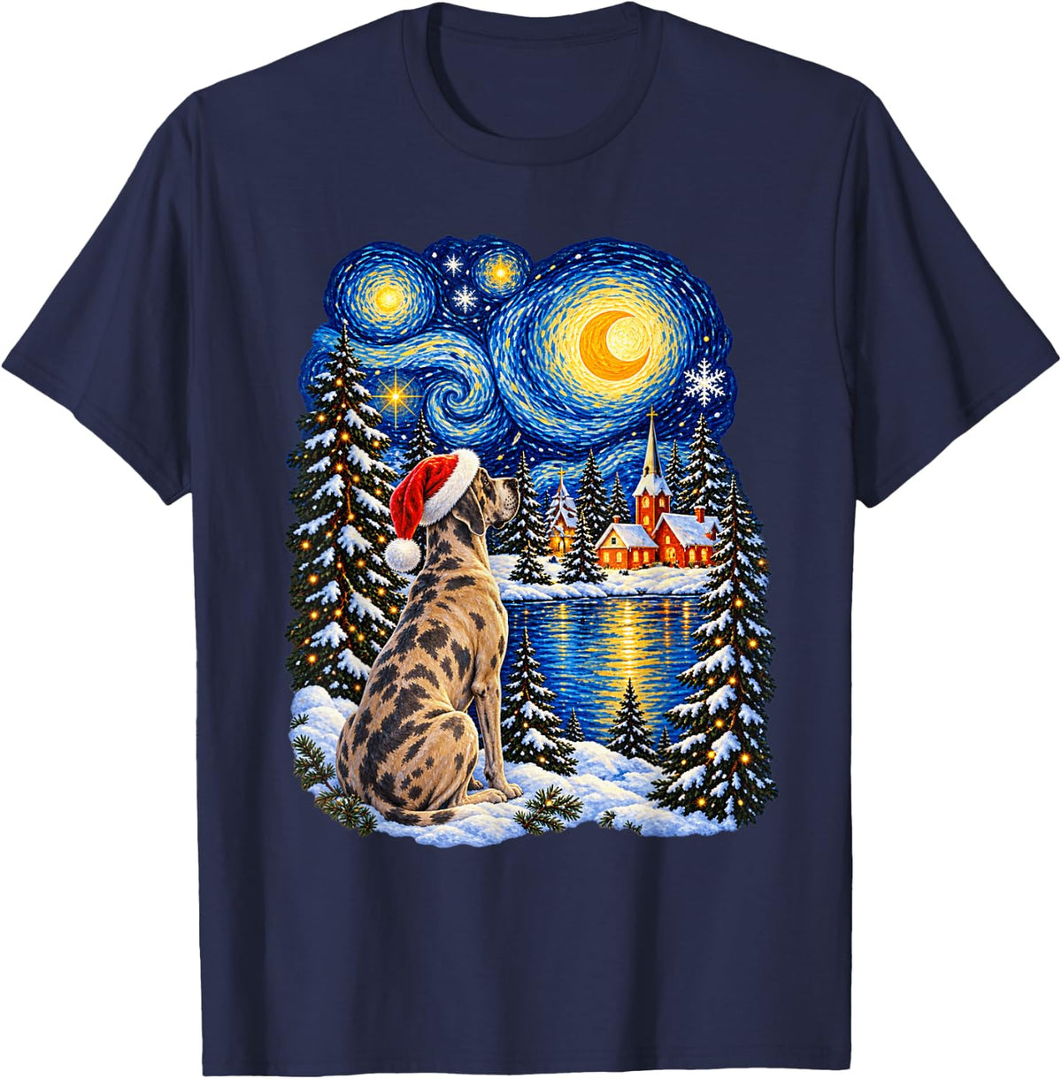 Christmas Great Dane Dreamy Santa Hat Winter Stars Men Women T-Shirt - Navy Blue