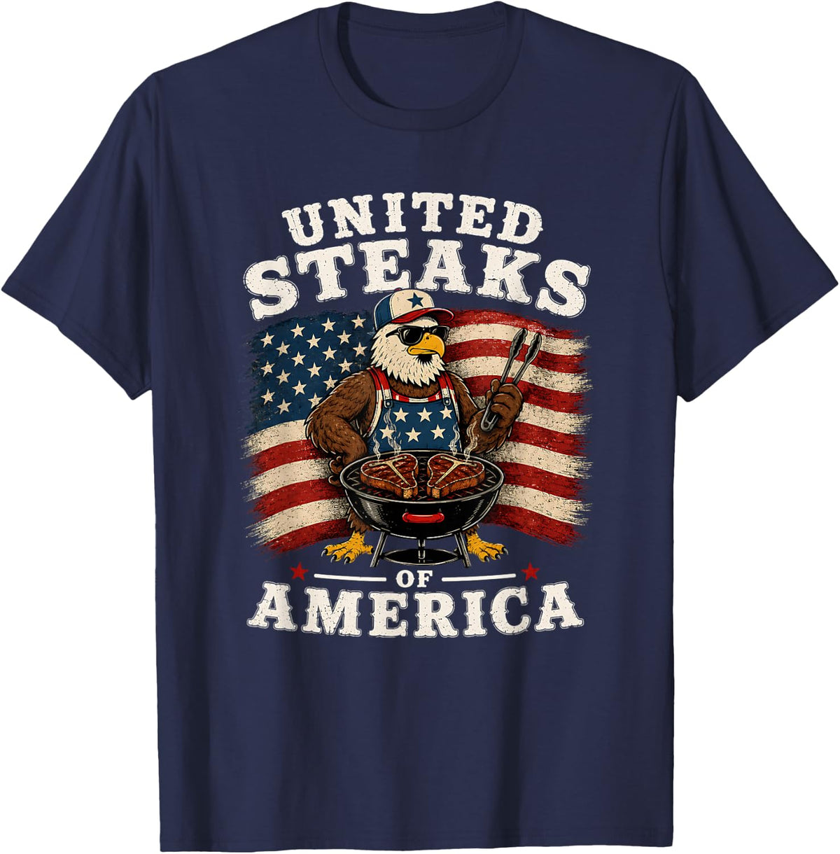 United Steaks of America Funny Bald Eagle Grilling BBQ USA T-Shirt - Navy Blue