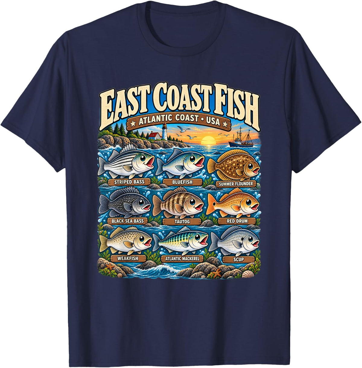 Cute East Coast Fish Atlantic Coast USA Saltwater Fishing T-Shirt - Navy Blue