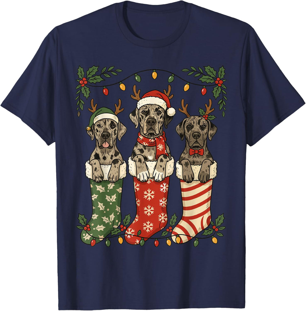 Sweet Great Dane Christmas Stocking Puppy Lover Mom Dad T-Shirt - Navy Blue