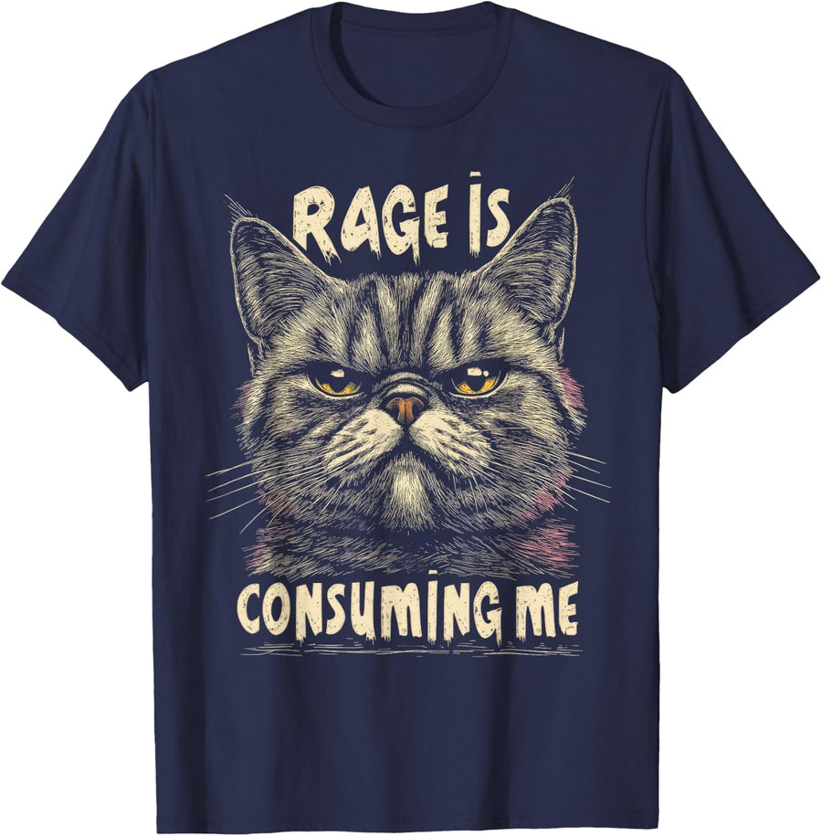 Funny Graphic Tee Women Men Rage Is Consuming Me Cat Meme T-Shirt - Navy Blue