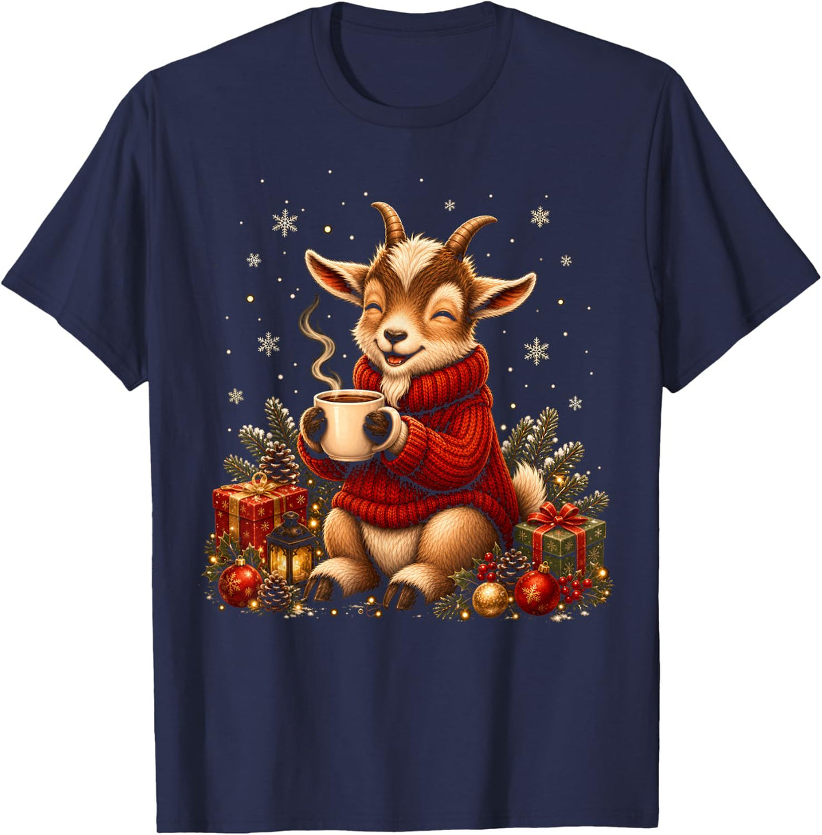 Frosty Cocoa Christmas Snow Cute Goat T-Shirt - Navy Blue