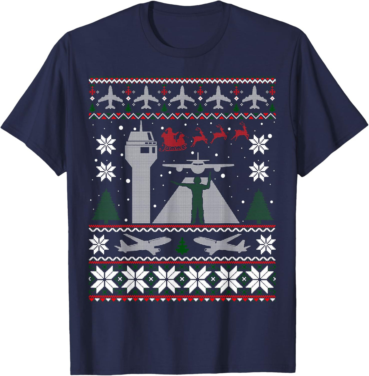 Airplane Ugly Christmas Air Traffic Controller Funny T-Shirt - Navy Blue
