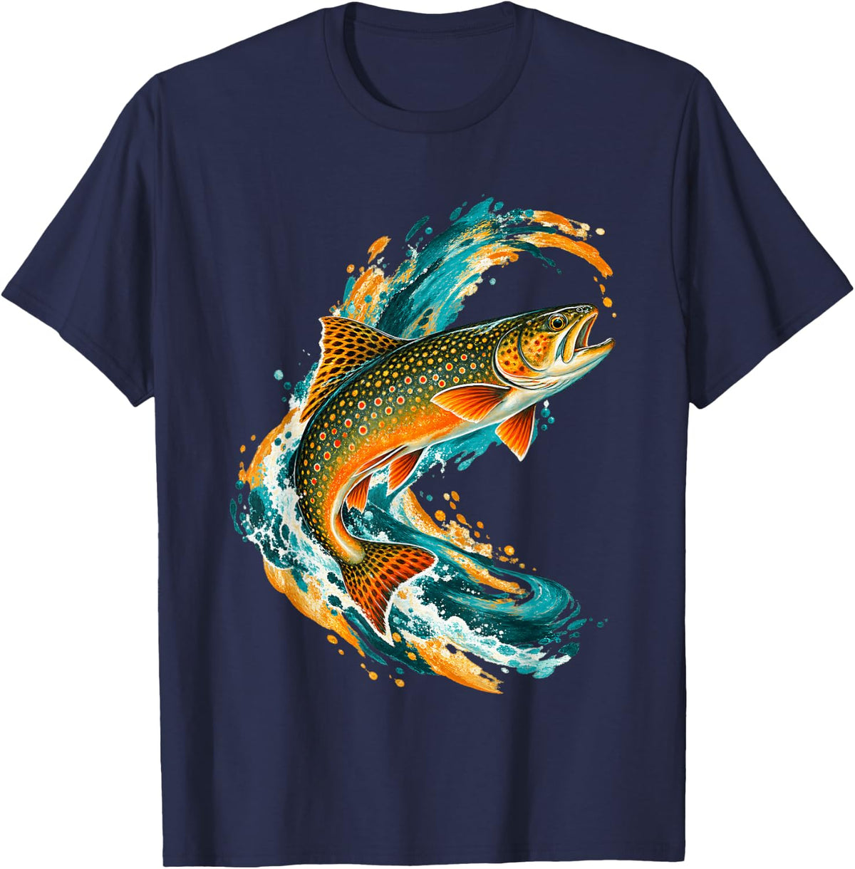 Leaping Brook Trout in Colorful Wave T-Shirt - Navy Blue
