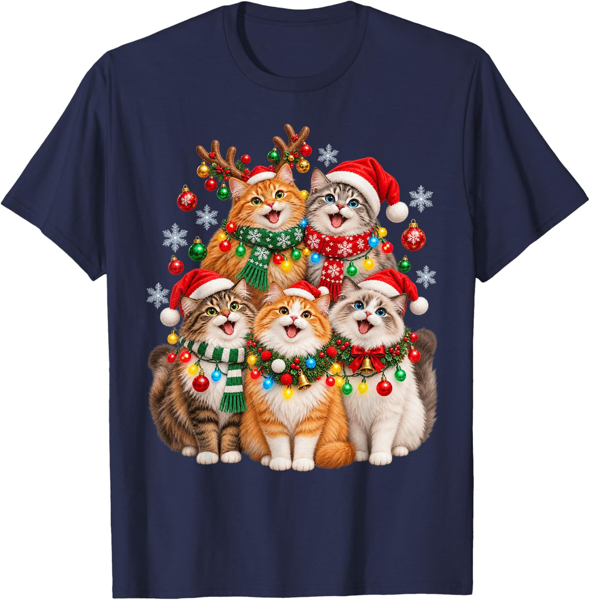 Christmas Lights Cavalier King Charles Santa Funny Xmas Tree T-Shirt - Navy Blue