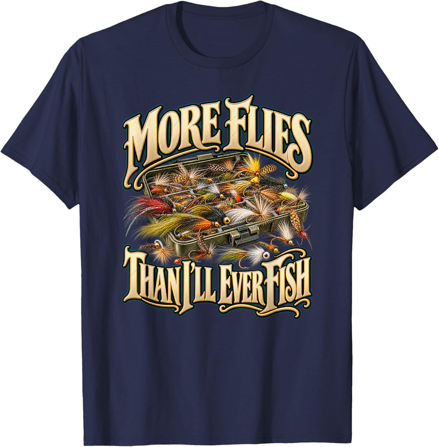 More Flys Then Fish Tying Fly Fisherman Vintage Hackle Shirt T-Shirt - Navy Blue