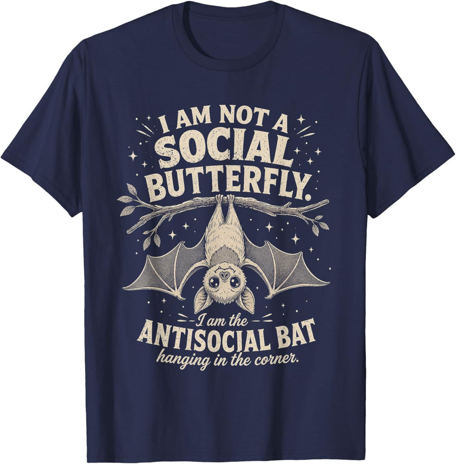 I Am Not A Social Butterfly Antisocial Bat Introvert Humor T-Shirt - Navy Blue
