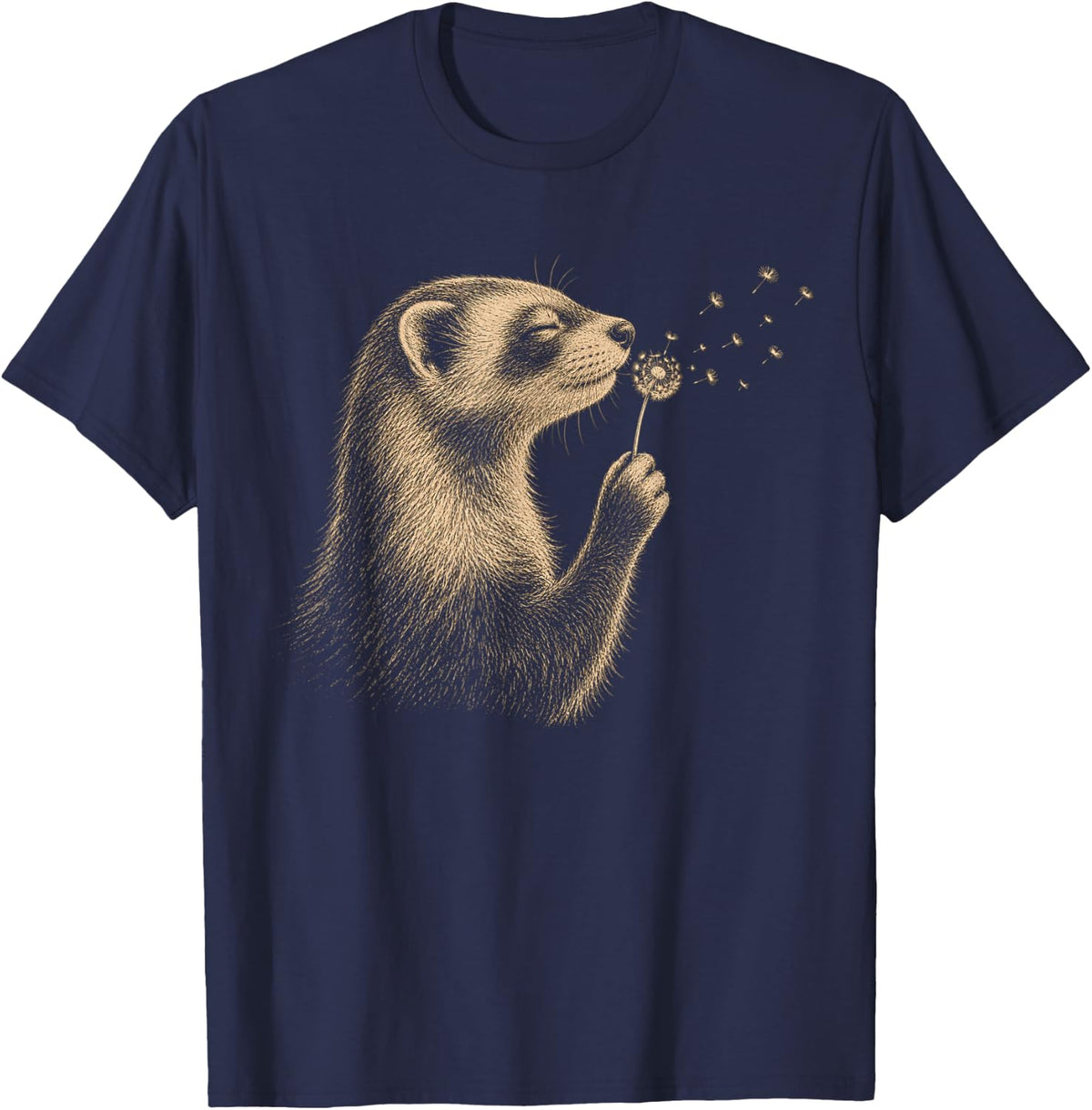 Ferret Blowing Wishes Dandelion Vintage Windflower T-Shirt - Navy Blue