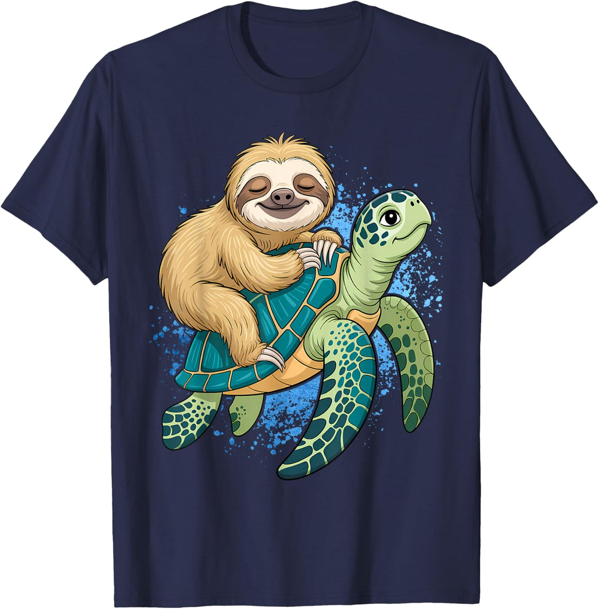 Funny Sloth Riding on A Turtle Graphic T-Shirt - Navy Blue
