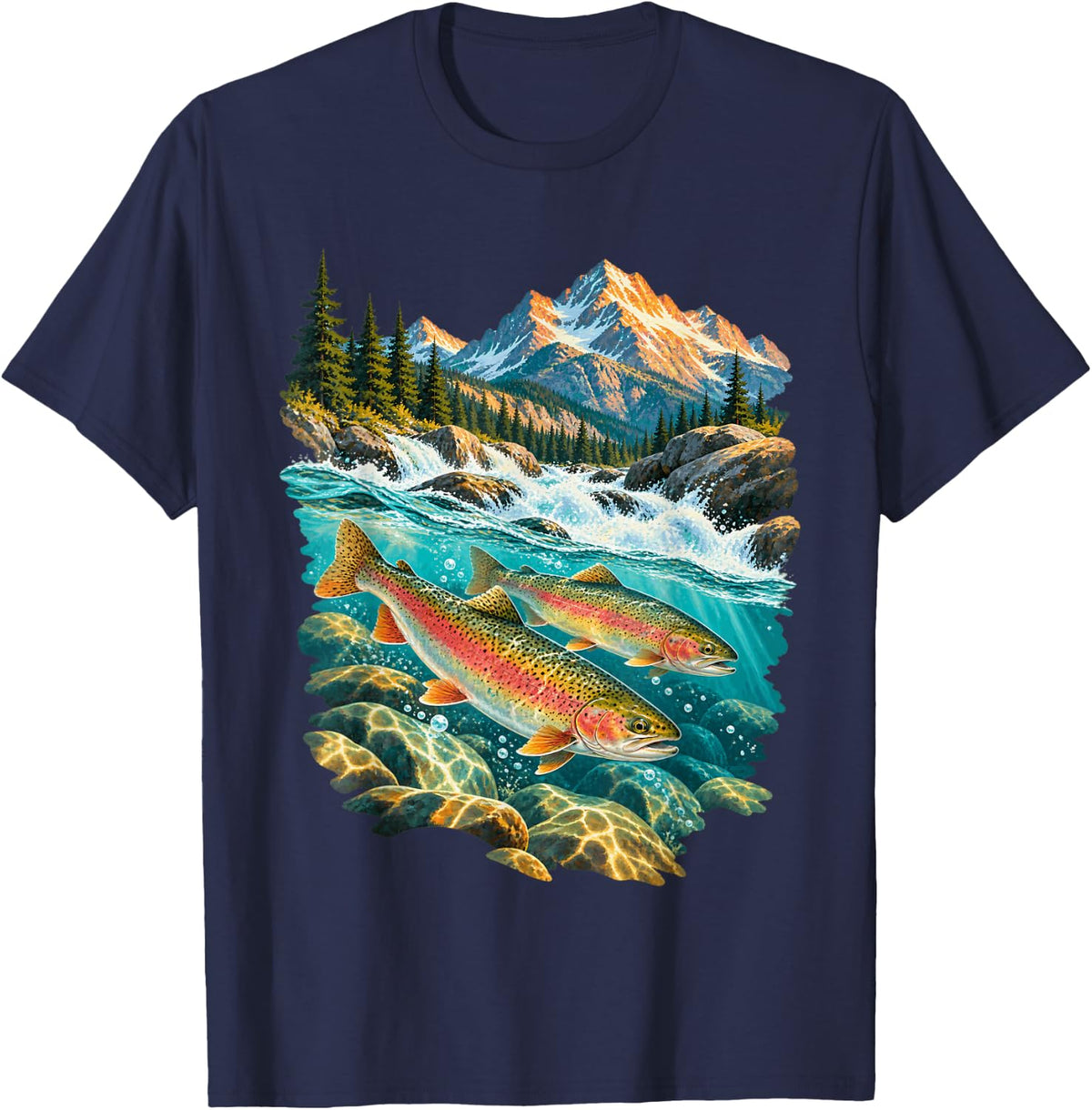 Trout Family Below Mountain River T-Shirt - Navy Blue