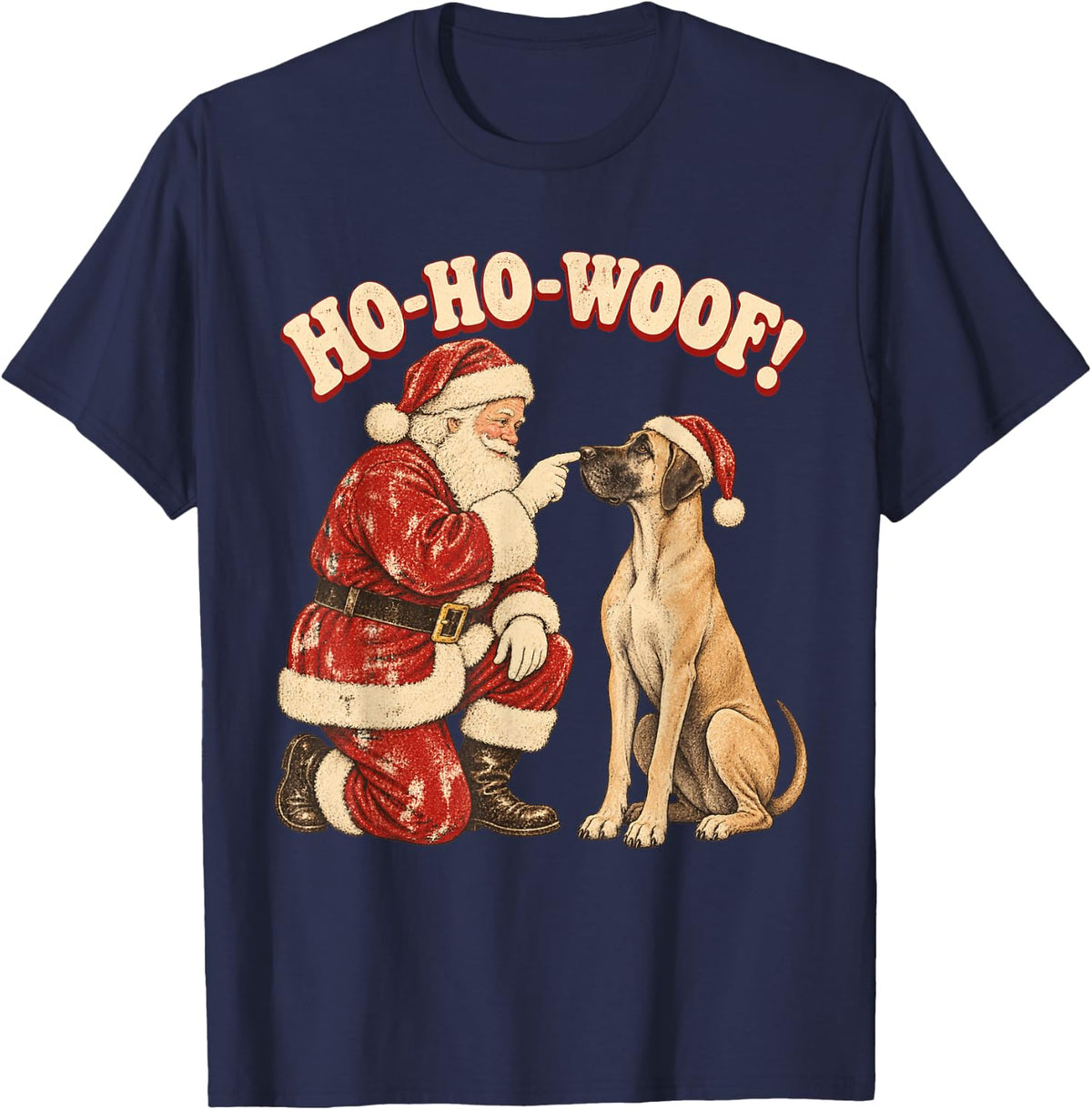 Santa Great Dane Retro Christmas Dog Ho Ho Woof T-Shirt - Navy Blue