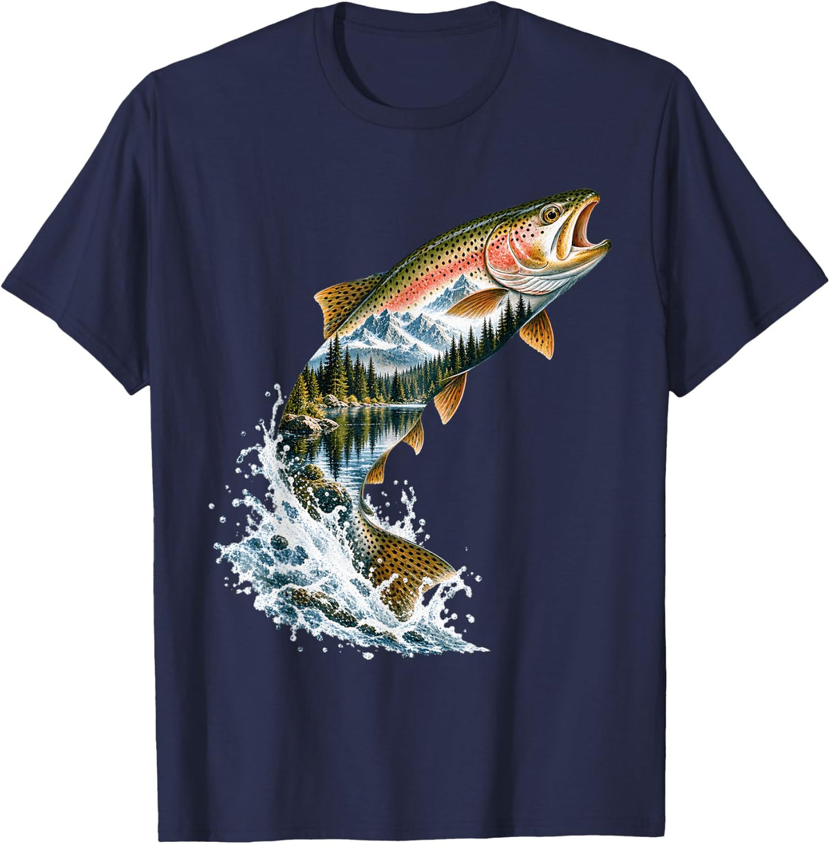 Leaping Rainbow Trout with Mountain Forest T-Shirt - Navy Blue