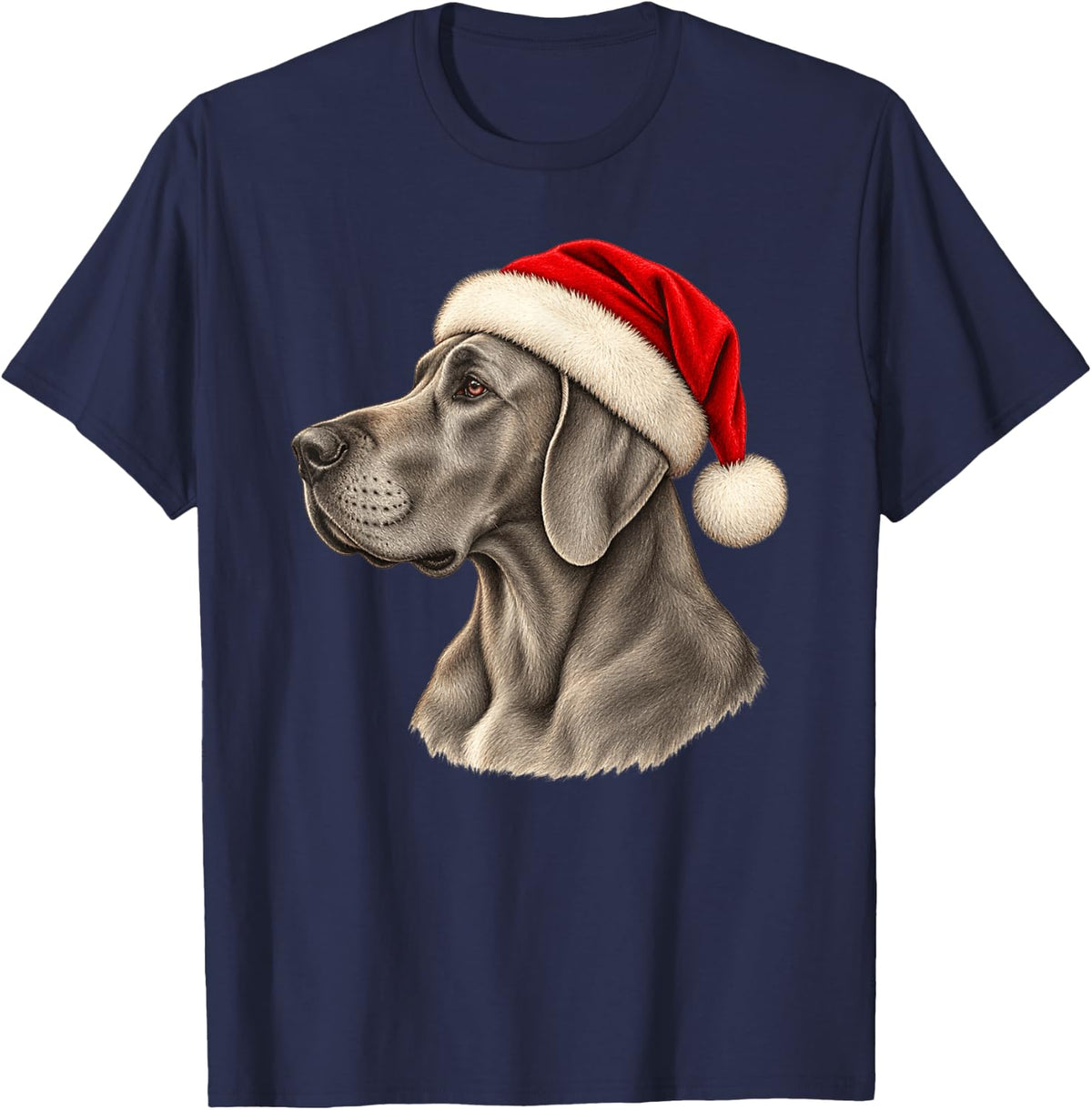 Blue Great Dane Santa Hat Christmas Dog Portrait T-Shirt - Navy Blue